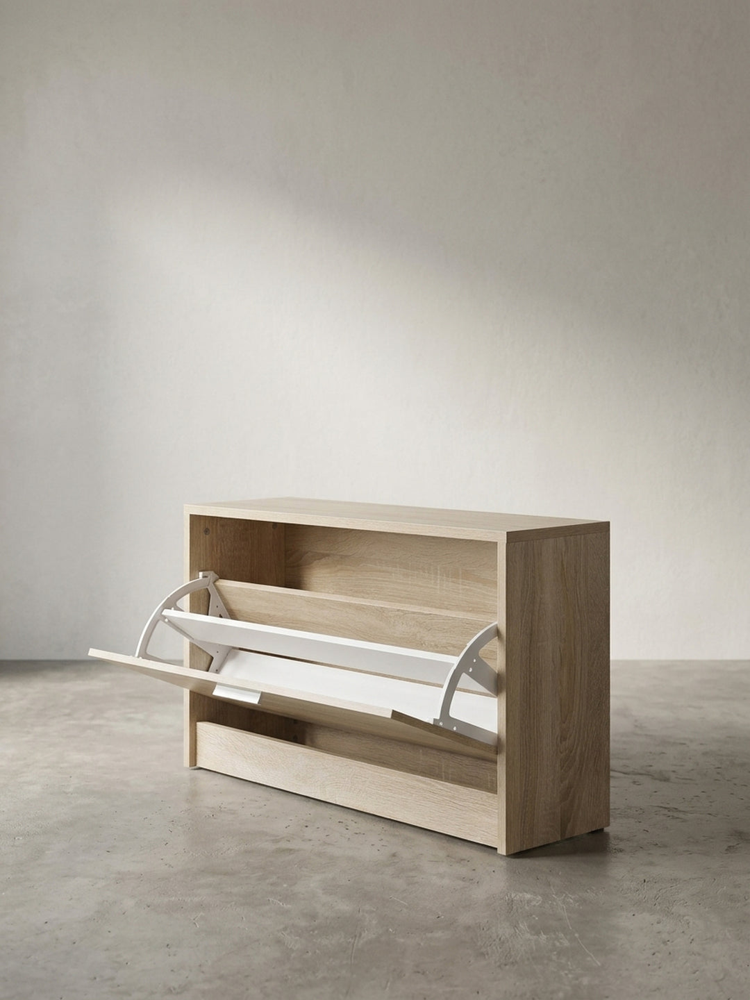Seitenansicht der platzsparenden Schuhkommode mit nur 24 cm Tiefe ideal für schmale Korridore und kleine Flure._