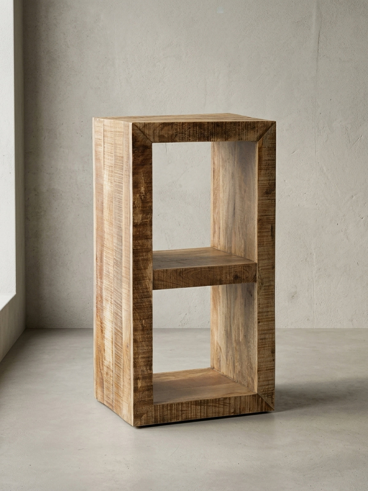 Technische Zeichnung des Massivholzregals mit genauen Maßen: Gesamthöhe 90 cm, Breite 45 cm, Tiefe 35 cm. Die Innenfächer messen 33x36 cm für exakte Raumplanung._