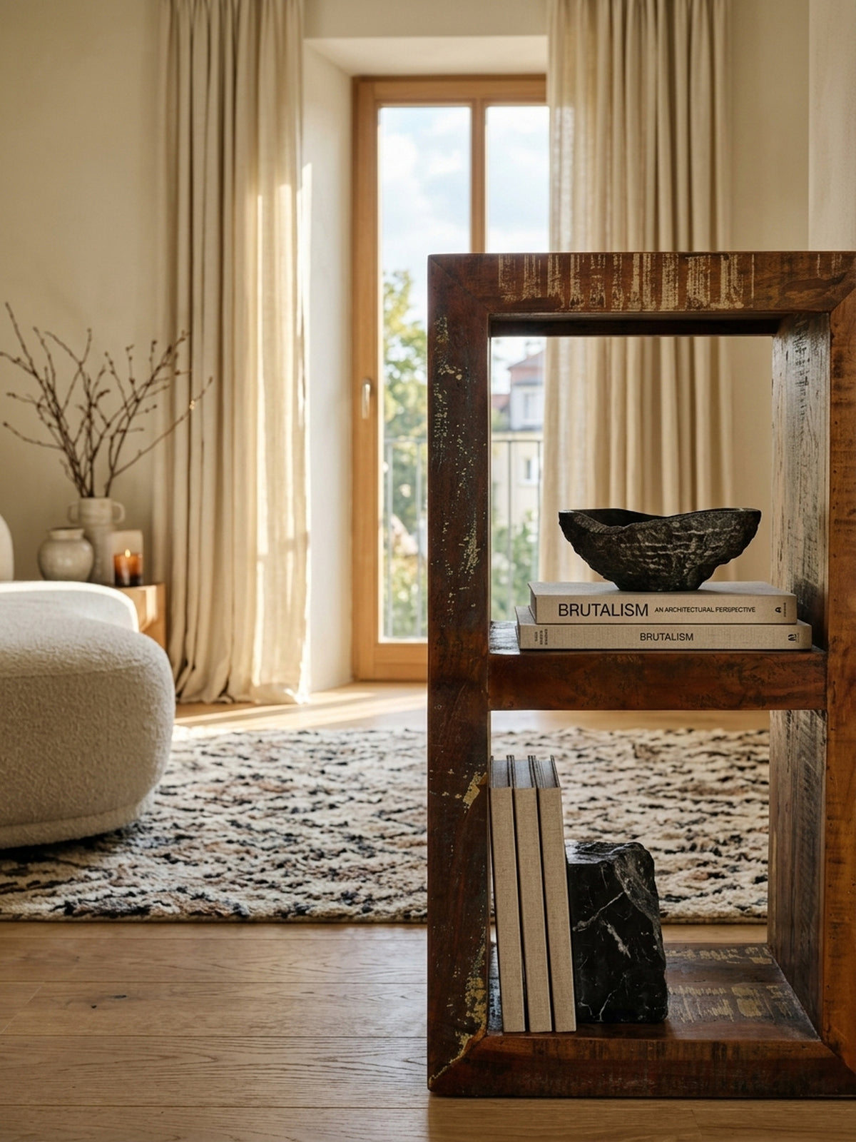 Nahaufnahme der markanten Holzstruktur des Mango-Massivholzregals. Die recycelte Oberfläche zeigt authentische Shabby-Chic Patina mit dezenten Farbakzenten unter einer edlen Lackierung.