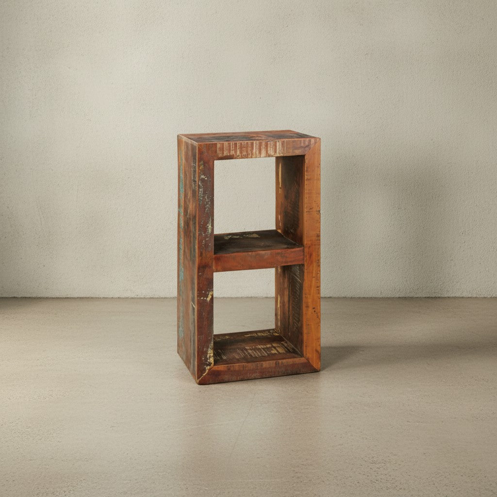 Holzregal EWA_ Rustikales Standregal_ Cube-Form_ Vintage-Shabby-Look_ 2 Innenräume_ recyceltes Mango-Massivholz - KADIMA DESIGN_Farbe_ Braun_ Größe_ 45x35x90 cm_