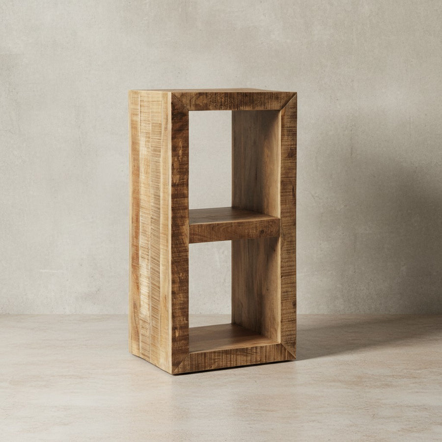 Holzregal EWA_ Rustikales Standregal_ Cube-Form_ Vintage-Shabby-Look_ 2 Innenräume_ recyceltes Mango-Massivholz - KADIMA DESIGN_Farbe_ Beige_ Größe_ 45x35x90 cm_