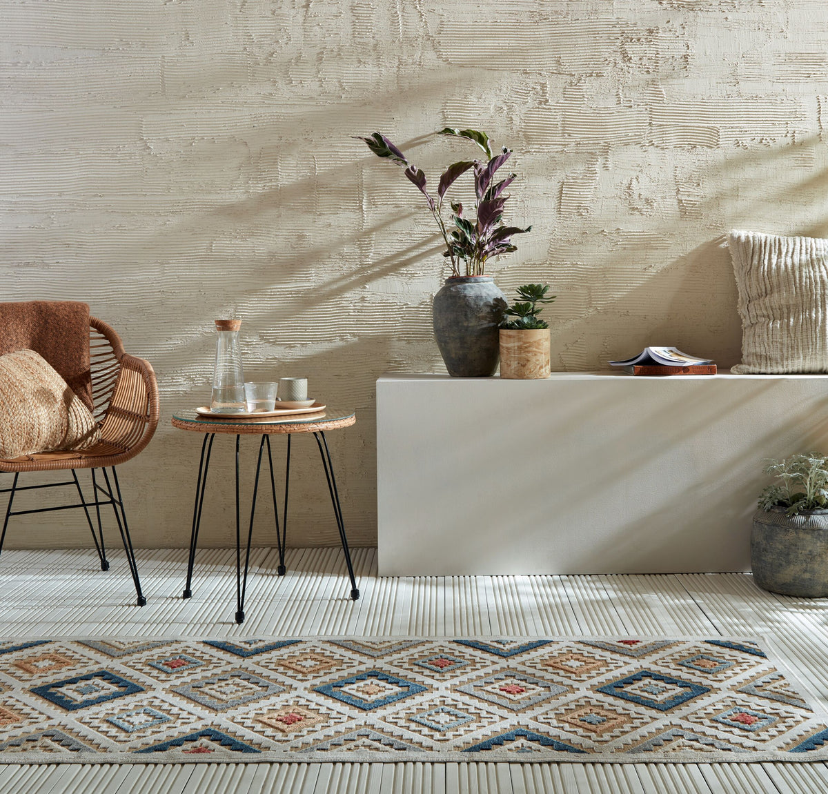 Outdoor Teppich Boho Orientalisch - Terrasse schmutzabweisend Natur-Multicolor Läufer