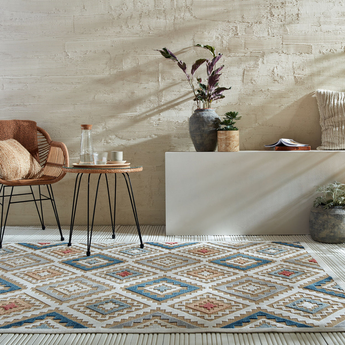 Outdoor Teppich Boho Orientalisch - Terrasse schmutzabweisend_Natur-Multicolor_Rechteckig_