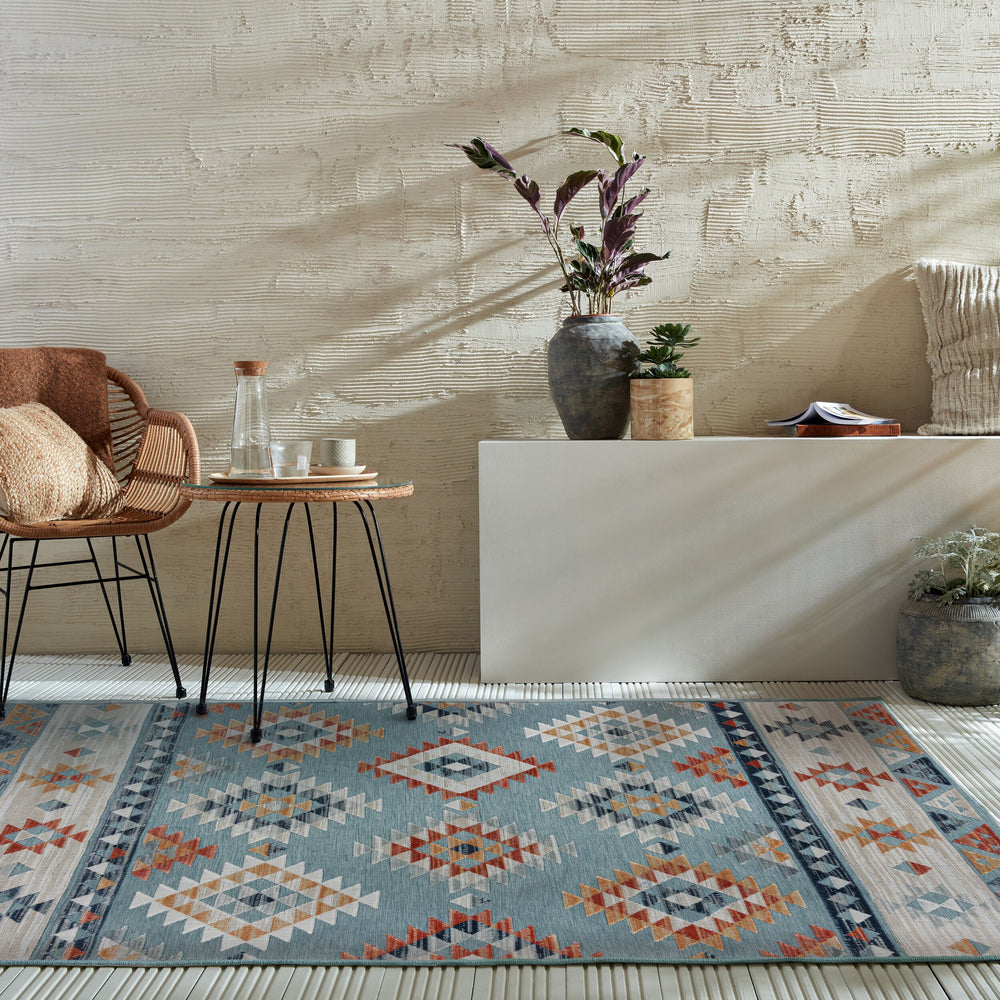 Outdoor Teppich Boho Orientalisch - Terrasse schmutzabweisend_Blau_Rechteckig_