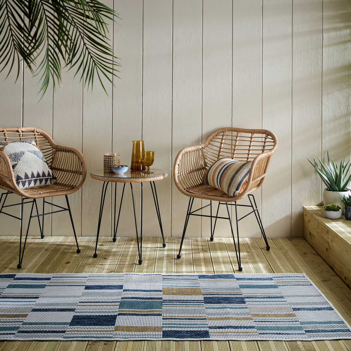 Outdoor Teppich Geometrische Muster - Terrasse schmutzabweisend Blau-Gelb Läufer