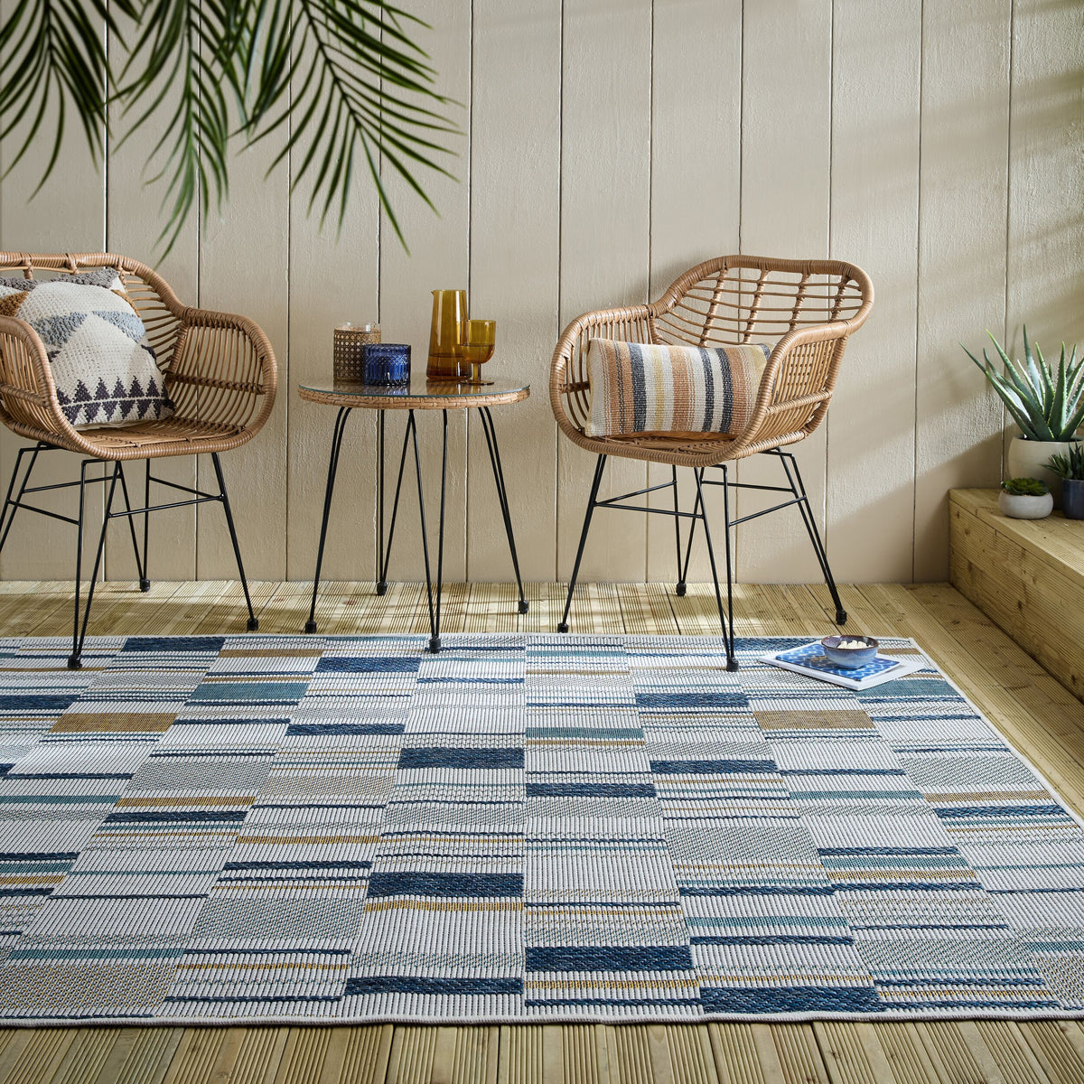 Outdoor Teppich Geometrische Muster - Terrasse schmutzabweisend_Blau-Gelb_Rechteckig_