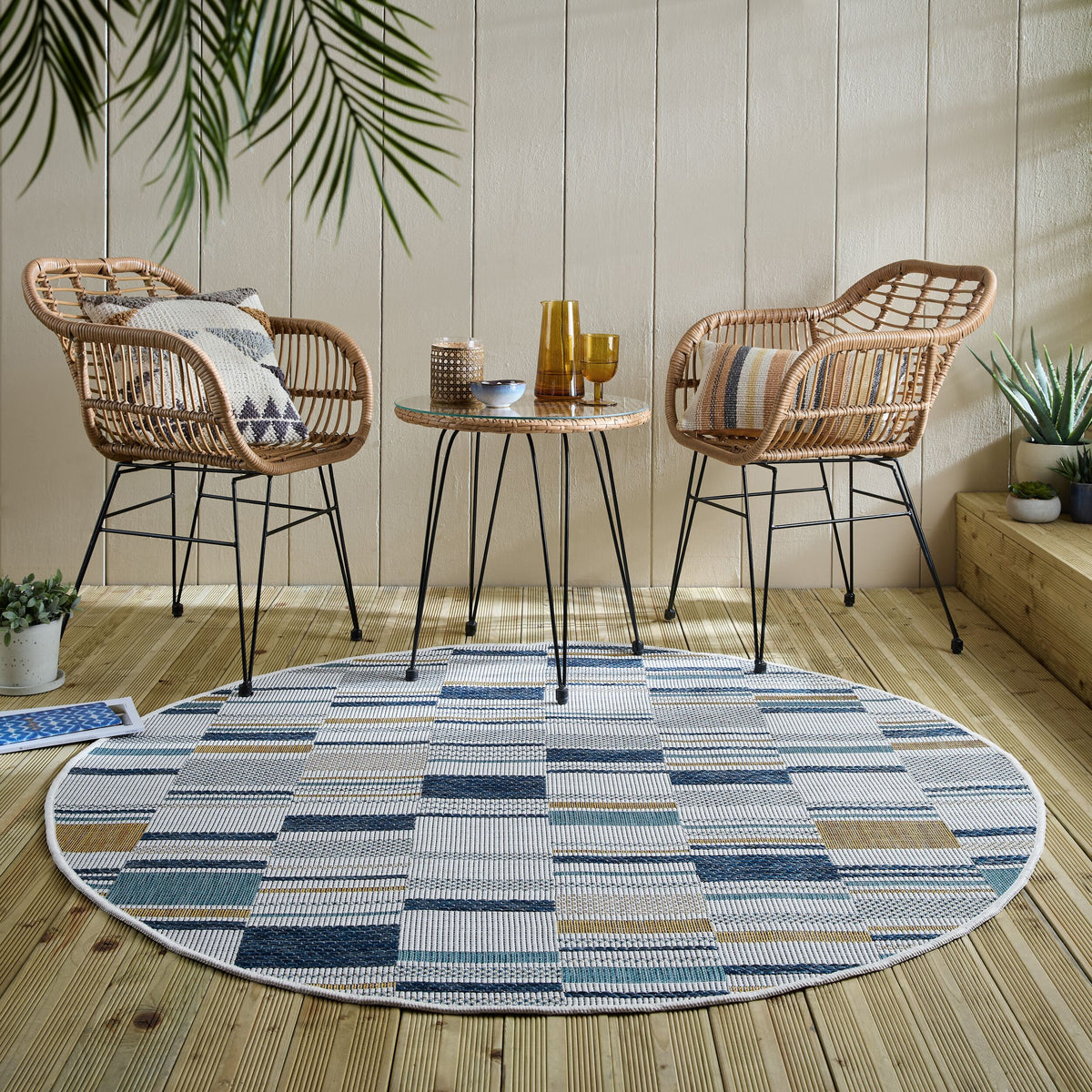 Outdoor Teppich Geometrische Muster - Terrasse schmutzabweisend_Blau-Gelb_Rund_