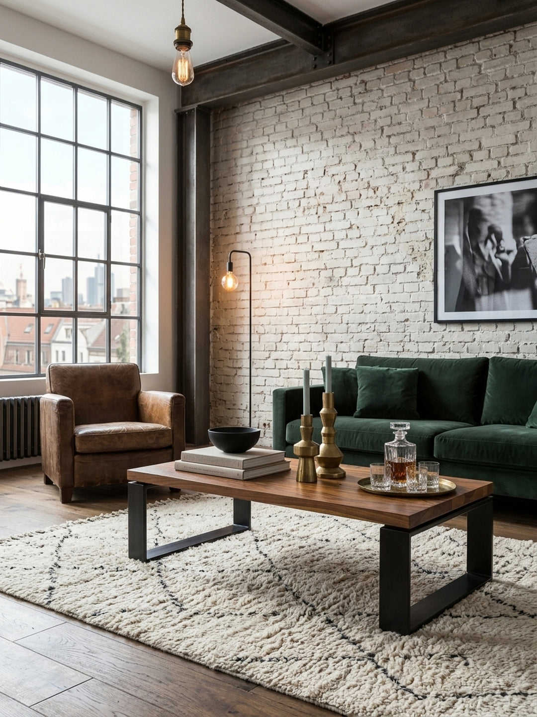 Rechteckiger Couchtisch 115x60 cm aus massivem Sheeshamholz mit markanter Maserung. Der braune Holztisch mit schwarzen Metallkufen steht zentral im modern eingerichteten Wohnzimmer._