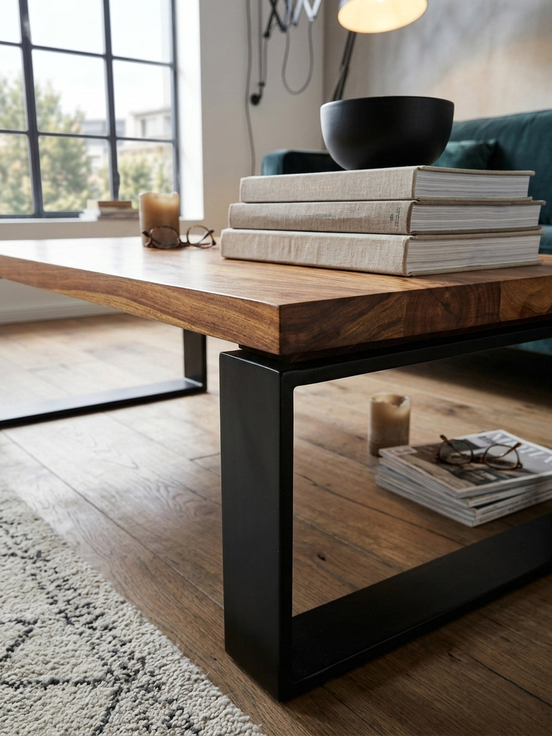 Detailaufnahme der Tischplatte aus dunklem Ostindischem Sheeshamholz. Die einzigartige, naturbelassene Holzmaserung des 4 cm starken Couchtisches wird durch den Klarlack betont._