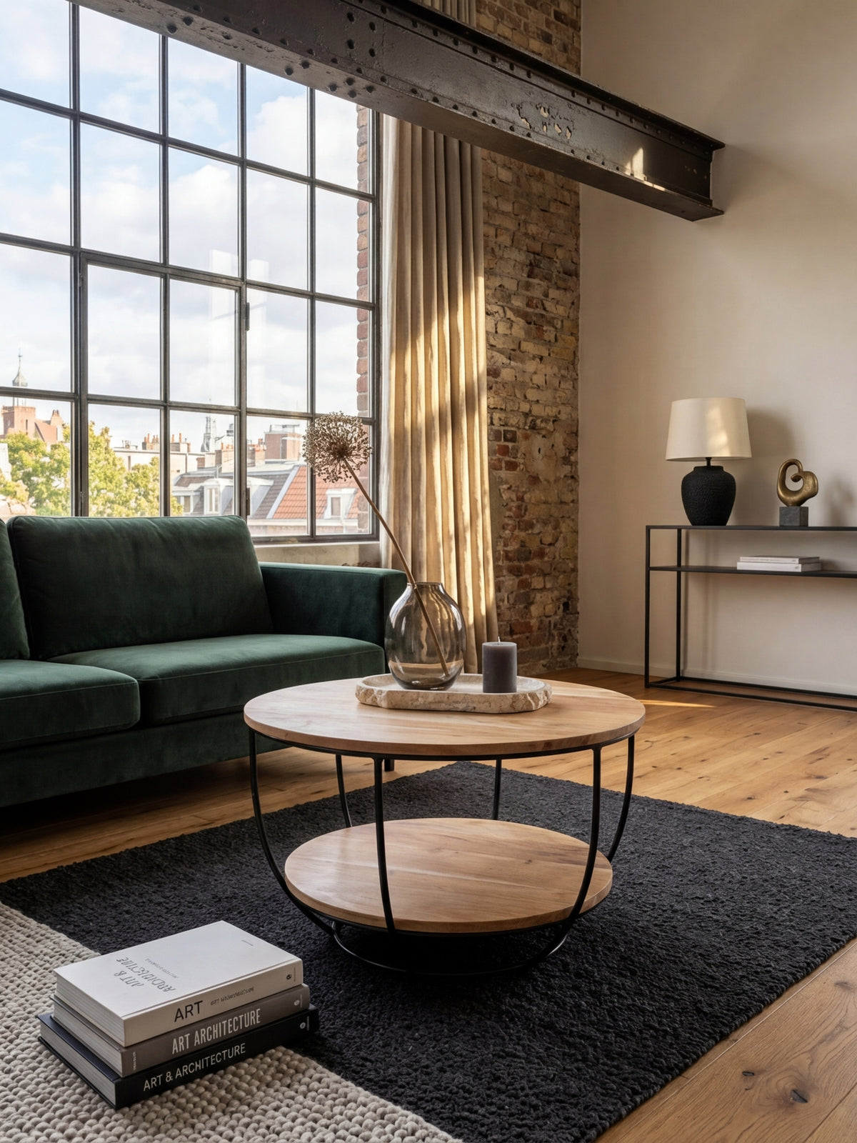 Runder Couchtisch aus Akazie Massivholz mit schwarzem Metallgestell in einem stilvollen Wohnzimmer, dezent dekoriert neben einem grauen Sofa.