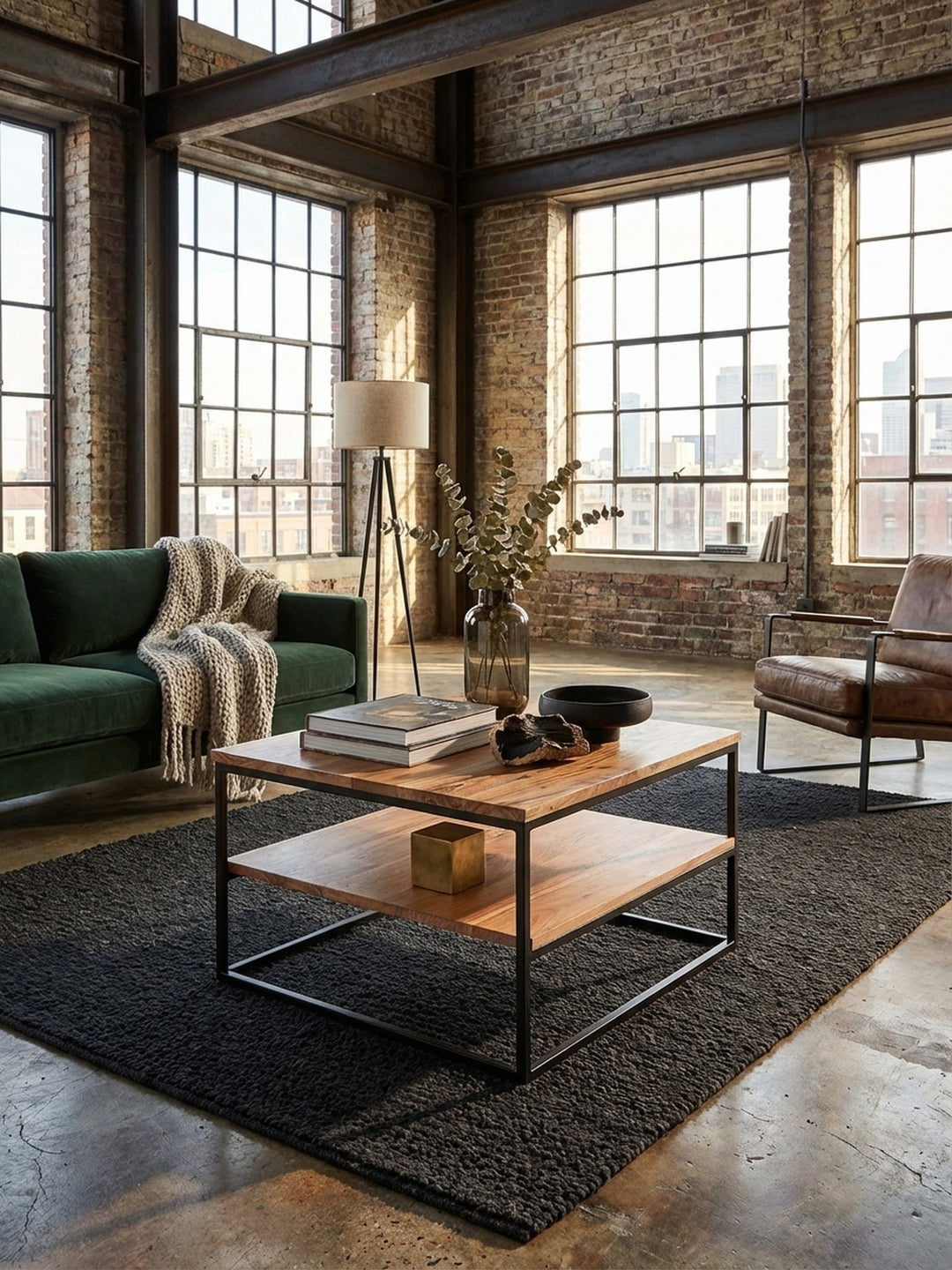 Quadratischer Sofatisch mit Metallgestell von oben fotografiert, zeigt die harmonische Anordnung im Wohnbereich und die praktische untere Ablage für Bücher._