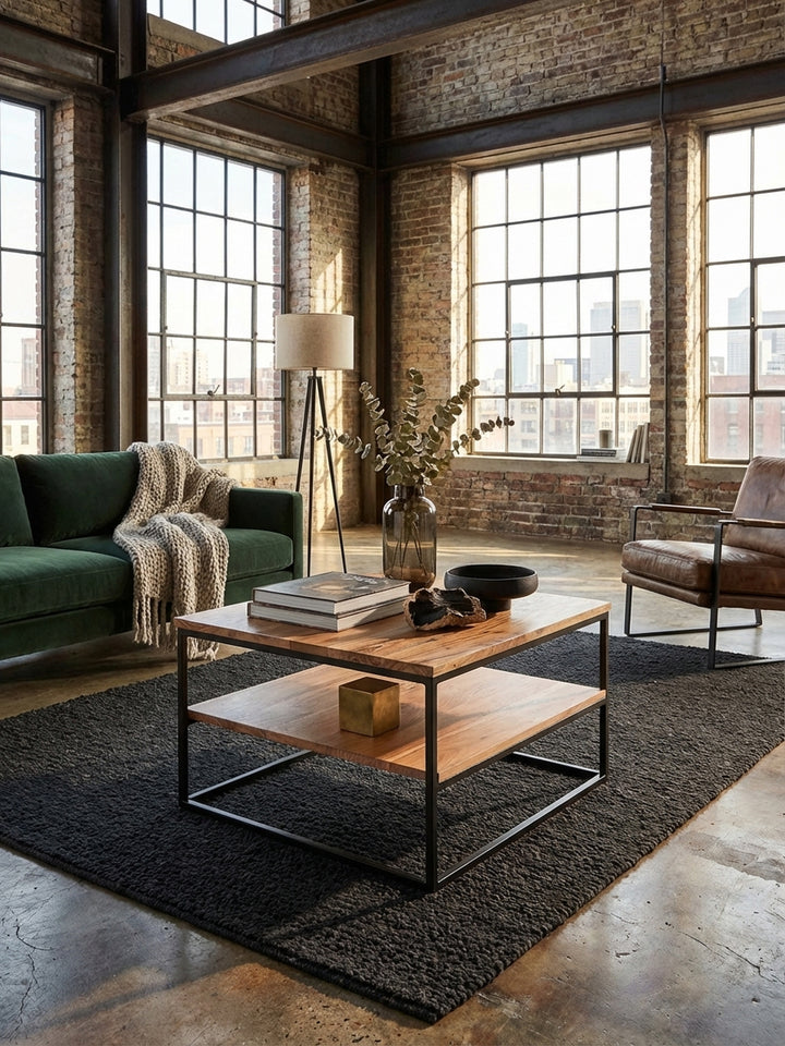 Quadratischer Sofatisch mit Metallgestell von oben fotografiert, zeigt die harmonische Anordnung im Wohnbereich und die praktische untere Ablage für Bücher._