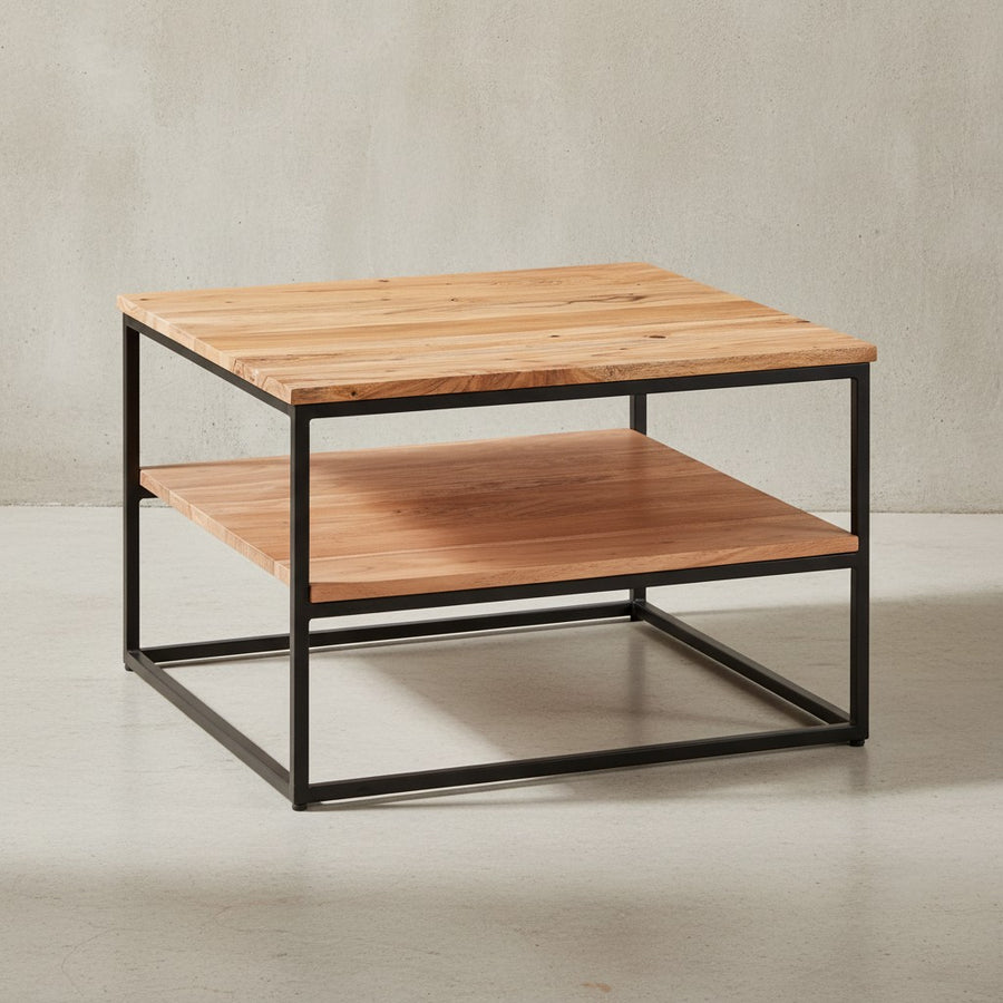 Industrial Couchtisch aus Akazienholz und Metallbeinen_ Platzsparendes Design_ Handgefertigt_ Zwei Ablageflächen - KADIMA DESIGN_Größe_ 60x60x41 cm_