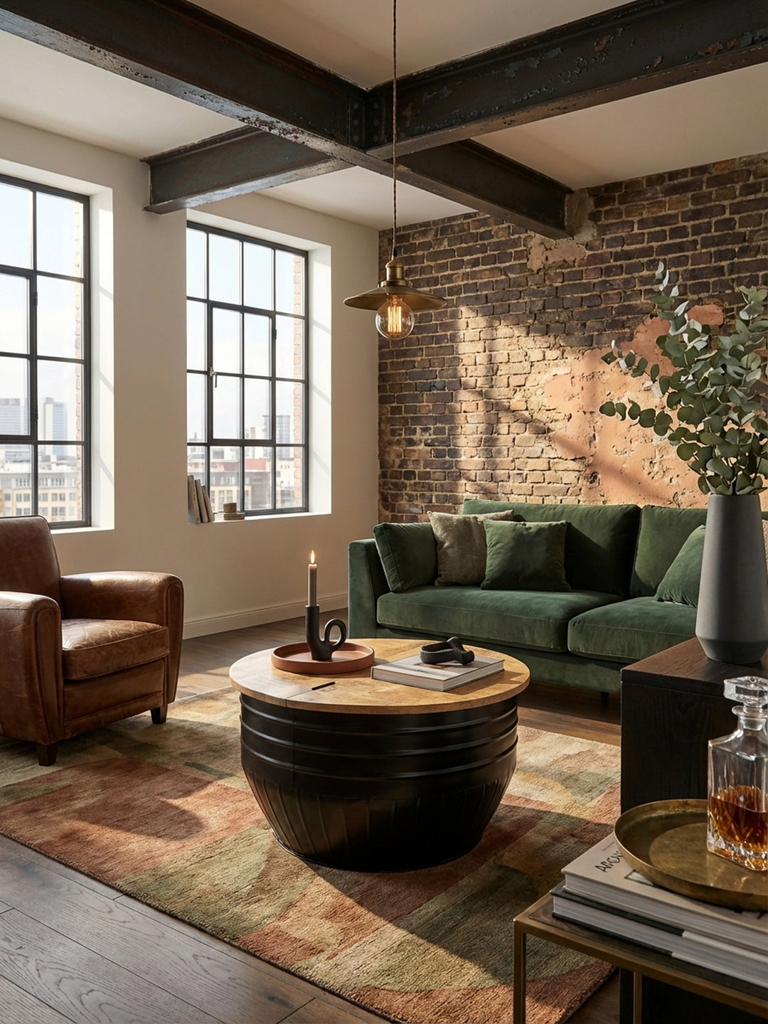 Couchtisch im Industrial Style mit Stauraum in einem modernen Wohnzimmer mit Ledersofa und einem texturierten Teppich, der eine warme Atmosphäre schafft._
