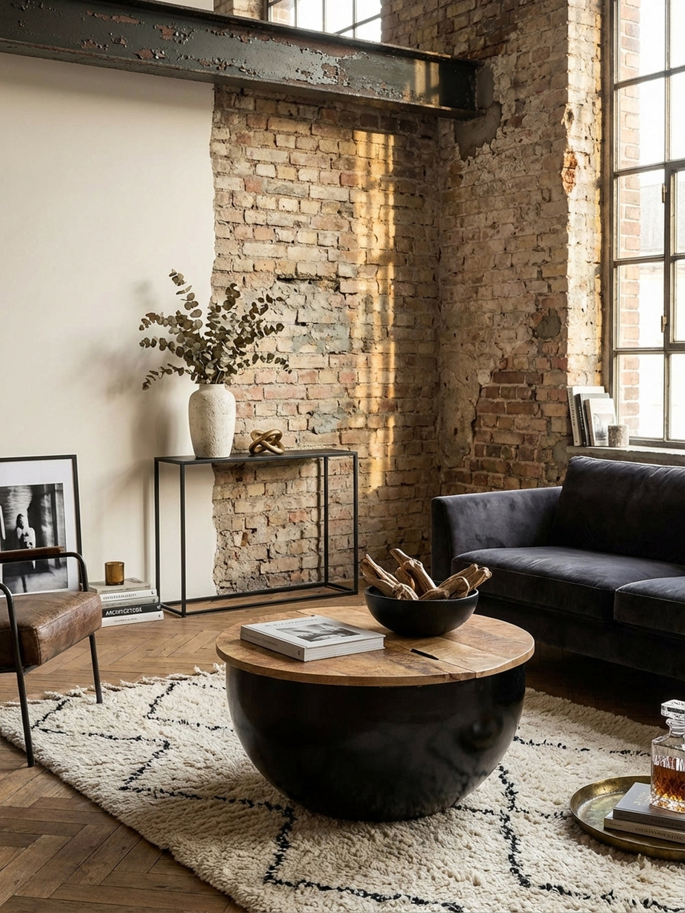 Draufsicht auf den runden Sofatisch mit aufklappbarer Mangoholzplatte, der zentral auf einem cremefarbenen Teppich vor einer Couch im Loft-Stil arrangiert ist._