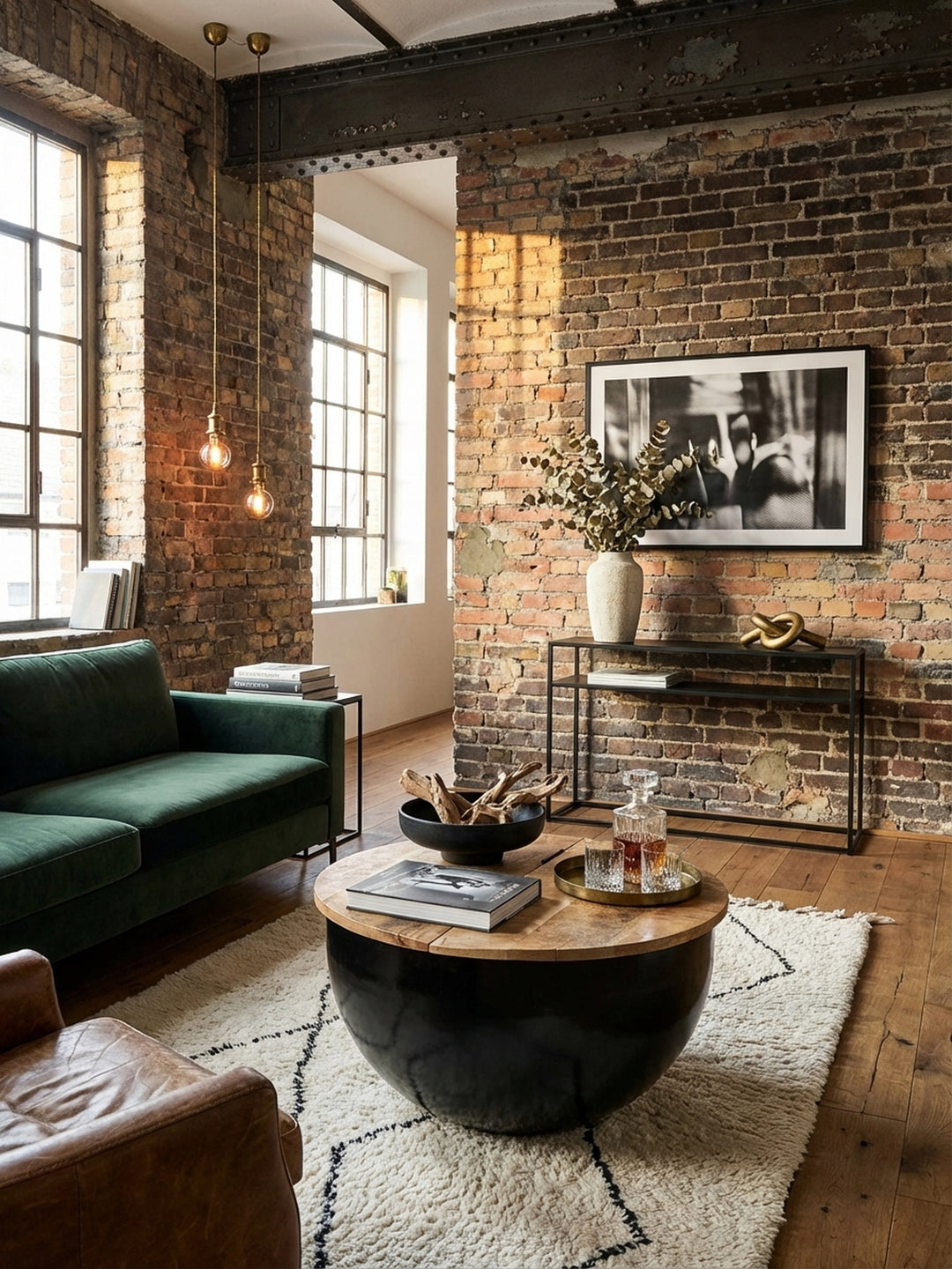 Runder Industrial Couchtisch aus Mango Massivholz mit schwarzem Metallkorpus, elegant in einem modernen Wohnzimmer mit Ledersofa und strukturiertem Teppich platziert._