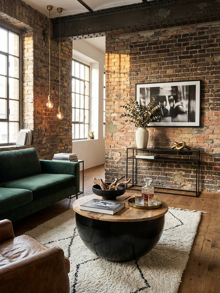 Runder Industrial Couchtisch aus Mango Massivholz mit schwarzem Metallkorpus, elegant in einem modernen Wohnzimmer mit Ledersofa und strukturiertem Teppich platziert._