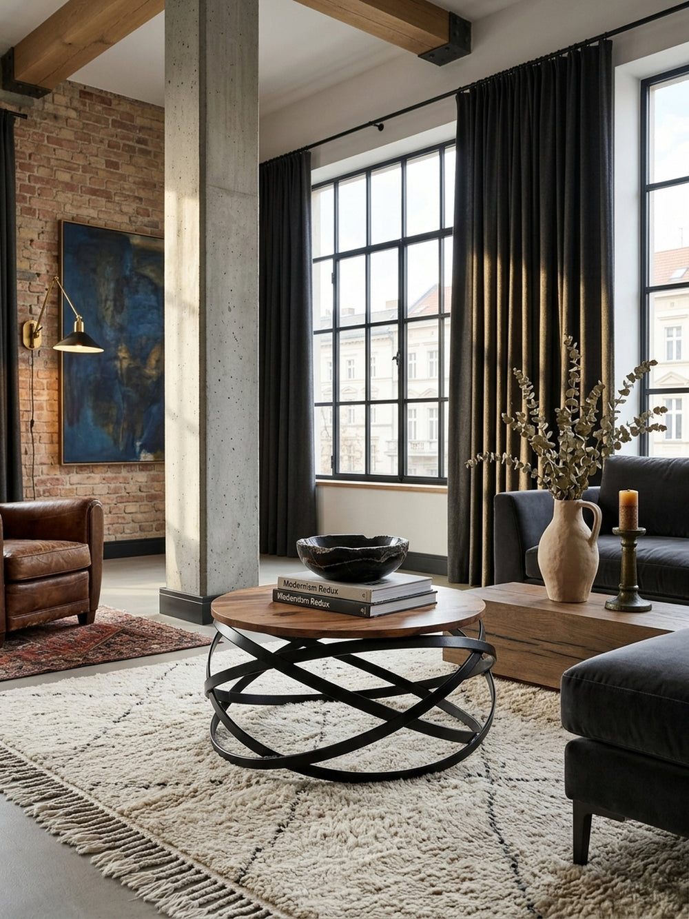 Eleganter runder Couchtisch aus massivem Sheesham-Holz mit markantem schwarzem Metallgestell in einem stilvollen Wohnzimmer. Niedriger Loungetisch im modernen Industrial-Design._