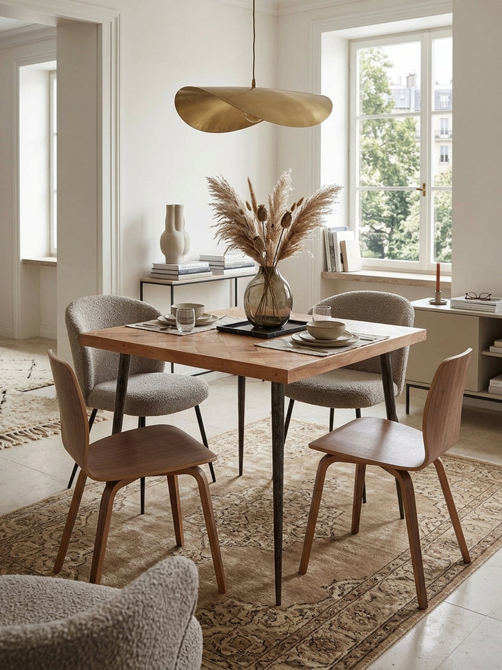 Quadratischer Esstisch aus massivem Akazienholz (80x80 cm) im luxuriösen Esszimmer mit Kalksteinboden. Warme Holztöne und ausgestellte Metallbeine schaffen ein elegantes Ambiente._