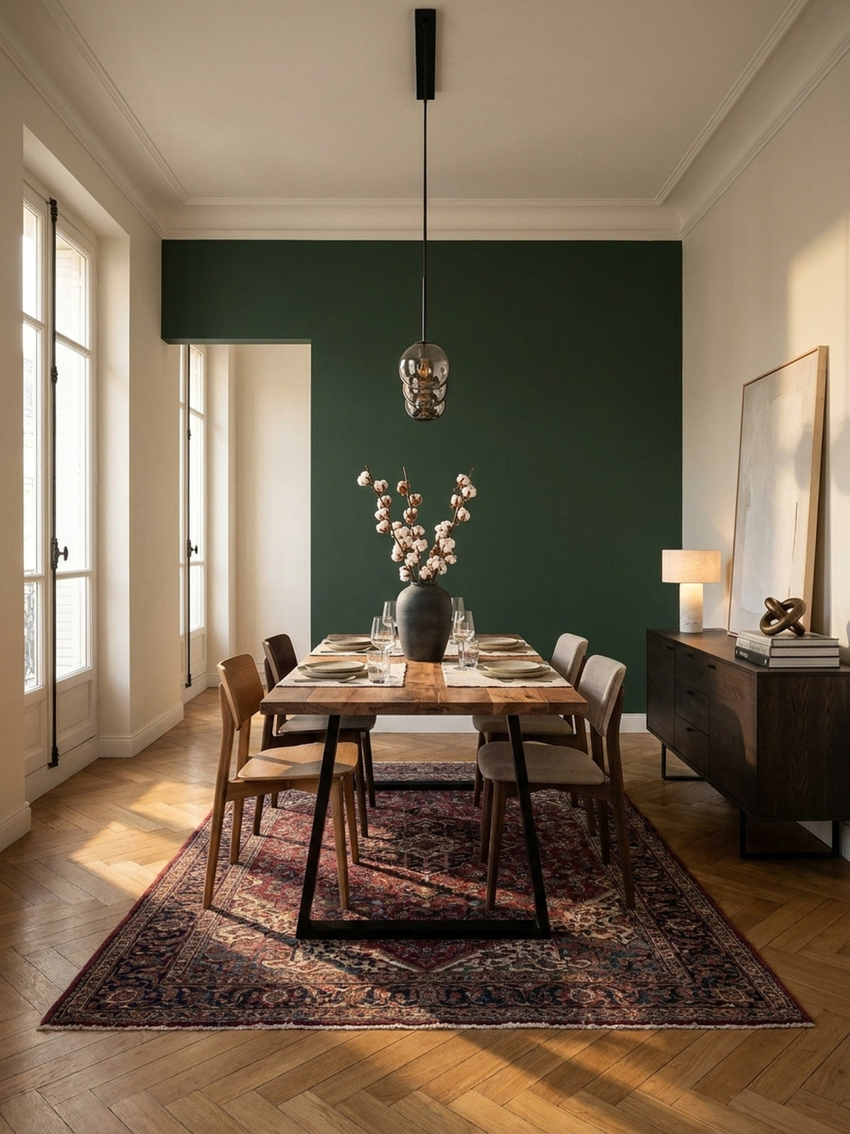 Eleganter Esstisch aus massivem Akazienholz mit schwarzen U-Beinen als Mittelpunkt eines modernen Esszimmers mit Fischgrätparkett und hoher Decke._