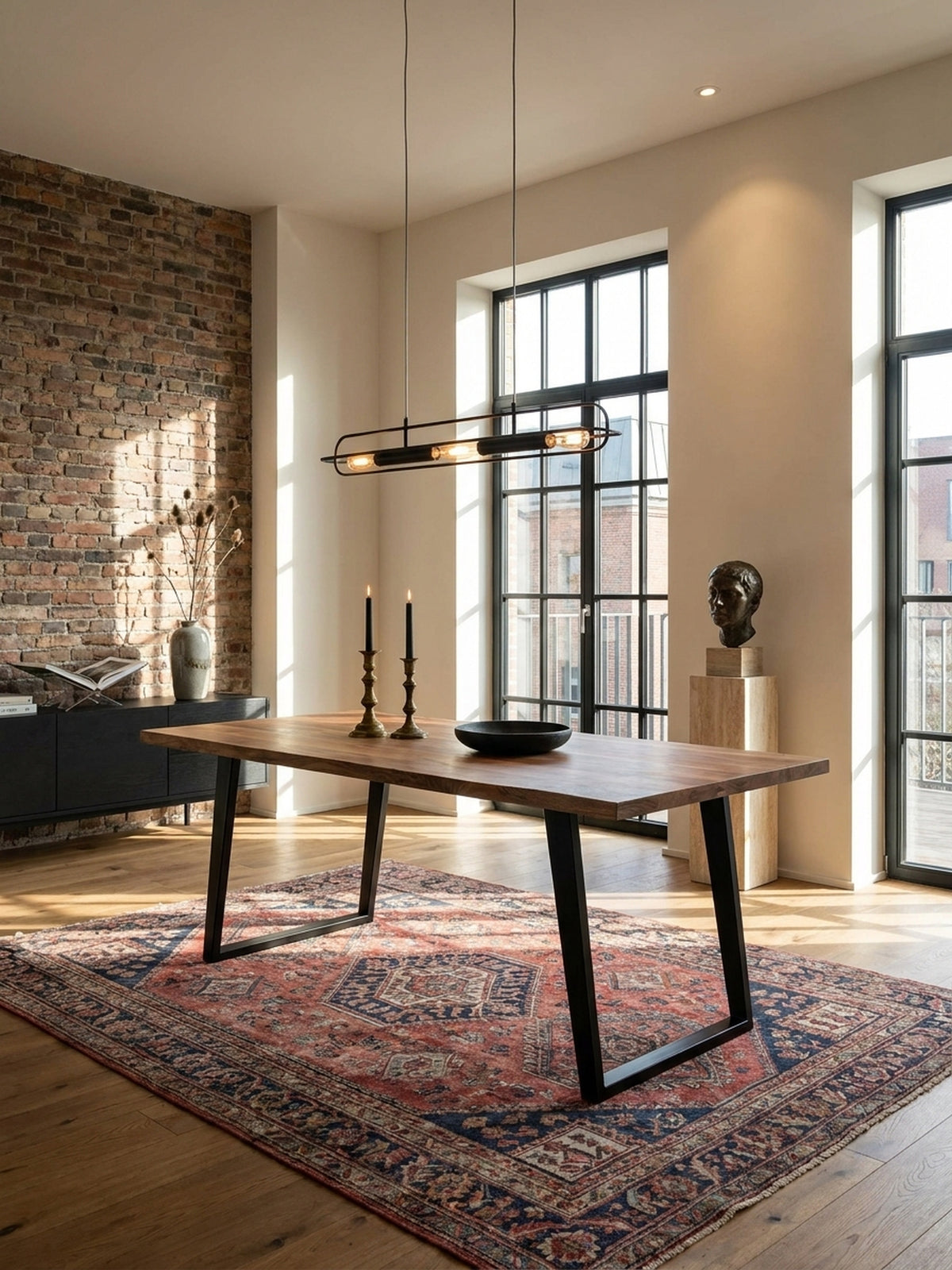 Stilvoller Esszimmertisch aus Akazie Massivholz mit schwarzen U-Beinen im Mittelpunkt eines hellen Esszimmers mit Design-Stühlen._