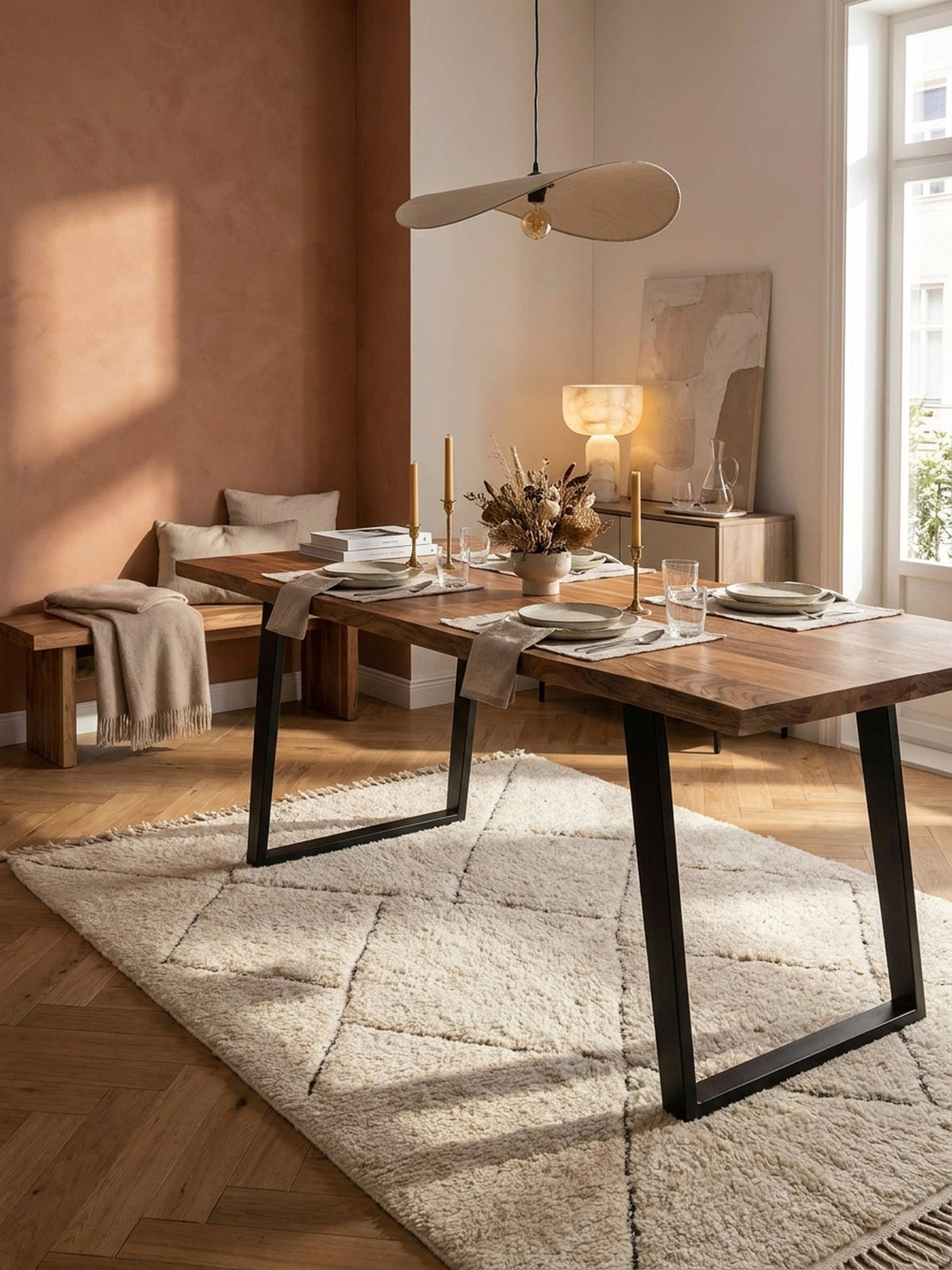 Massiver Holztisch kombiniert mit grauen Samtstühlen und einer passenden Holzbank, eine harmonische Essgruppe für ein stilvolles Zuhause._