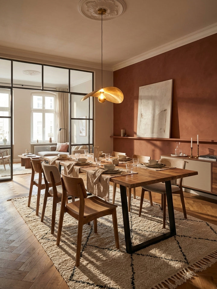 Großer Esstisch aus massivem Akazienholz mit schwarzen U-Beinen in einem hellen Esszimmer mit Parkettboden und großen Fenstern._