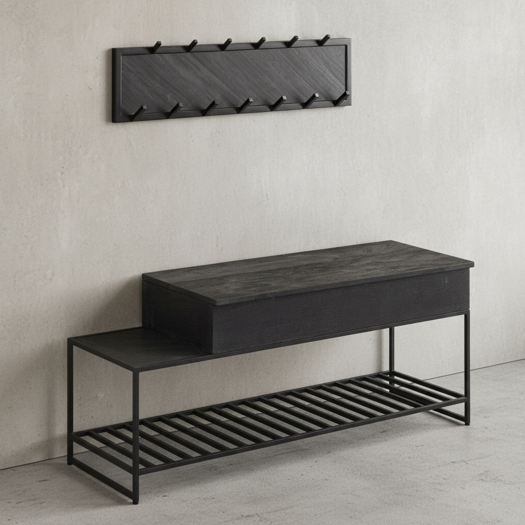 Industrial Garderoben-Set_ Mango Massivholz_ Wandgarderobe_ Sitzbank_ Regal - KADIMA DESIGN_Größe_ 110x37x70 cm_