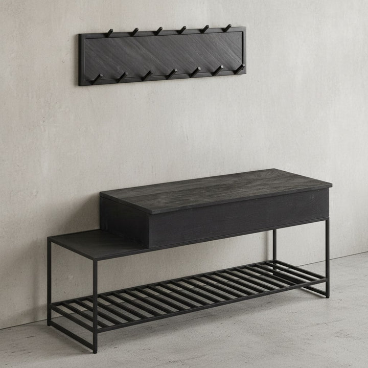 Industrial Garderoben-Set_ Mango Massivholz_ Wandgarderobe_ Sitzbank_ Regal - KADIMA DESIGN_Größe_ 110x37x70 cm_