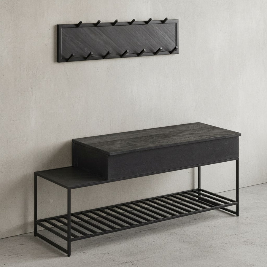 Industrial Garderoben-Set_ Mango Massivholz_ Wandgarderobe_ Sitzbank_ Regal - KADIMA DESIGN_Größe_ 110x37x70 cm_
