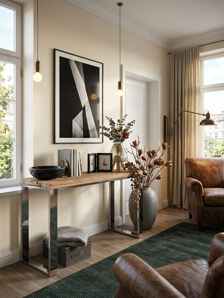 Luxuriöser Konsolentisch aus massiver Akazie mit Naturkante im eleganten Flur. Der Industrial Style Mix aus warmem Holz und glänzenden Edelstahlbeinen wirkt modern und einladend._