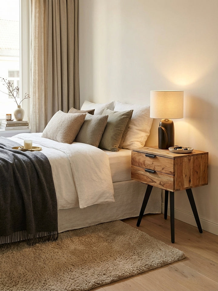 Moderner Nachttisch aus Akazie Massivholz neben einem Boxspringbett in einem hellen, luxuriös eingerichteten Schlafzimmer mit einem weichen Teppich._