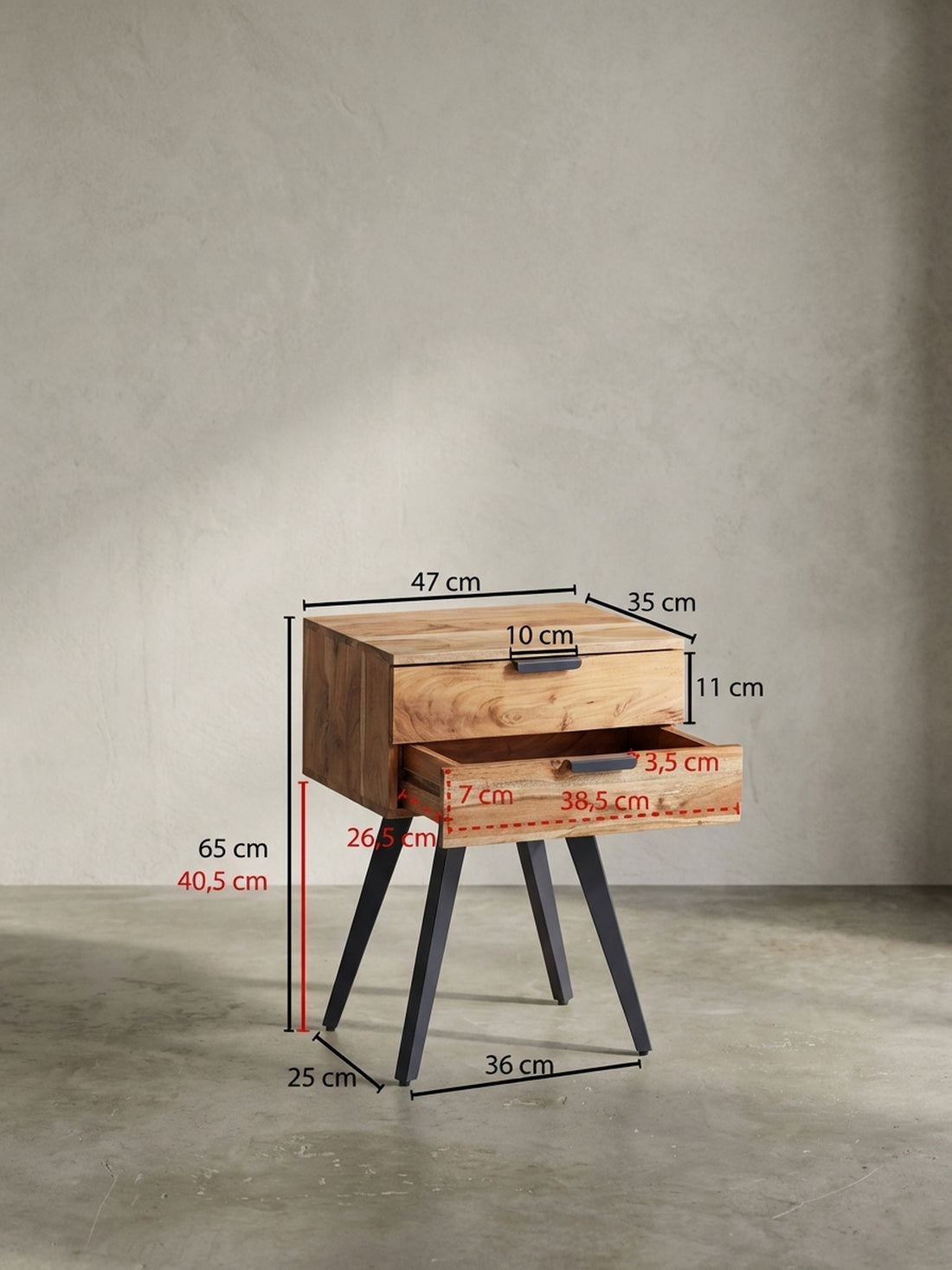 Maßzeichnung Nachttisch – Akazie Massivholz, Industrial-Stil, handmade, braun/grau