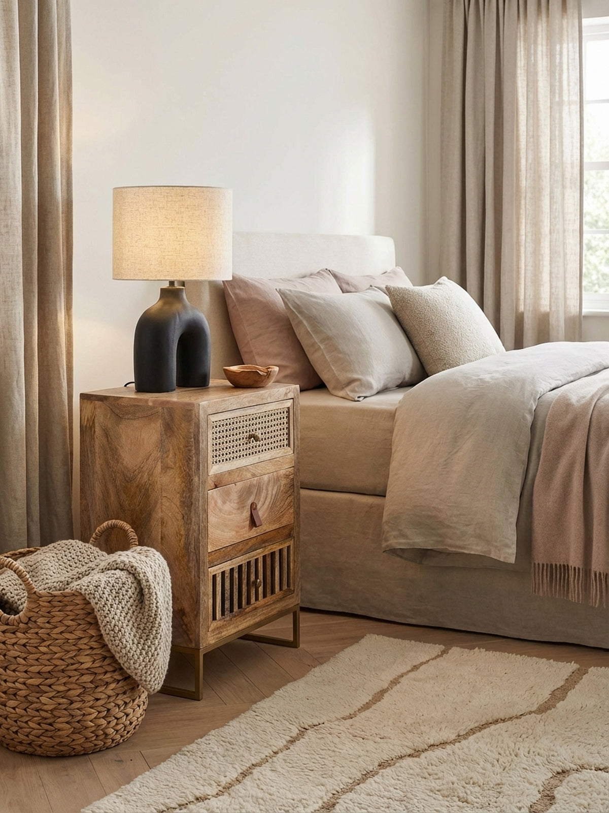Nachttisch aus massivem Mangoholz neben einem Boxspringbett in einem hellen, modernen Schlafzimmer mit Holzboden.