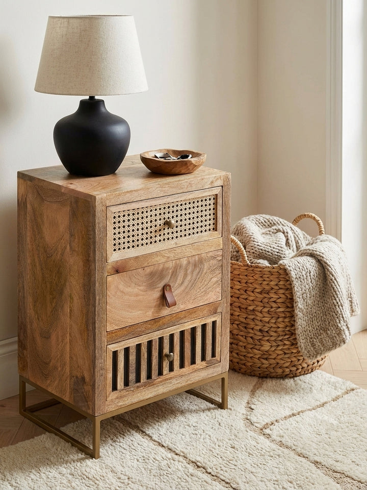 Detailaufnahme der Mango-Massivholz-Maserung und des Wiener Geflechts am Schubkasten des Design-Nachttisches._