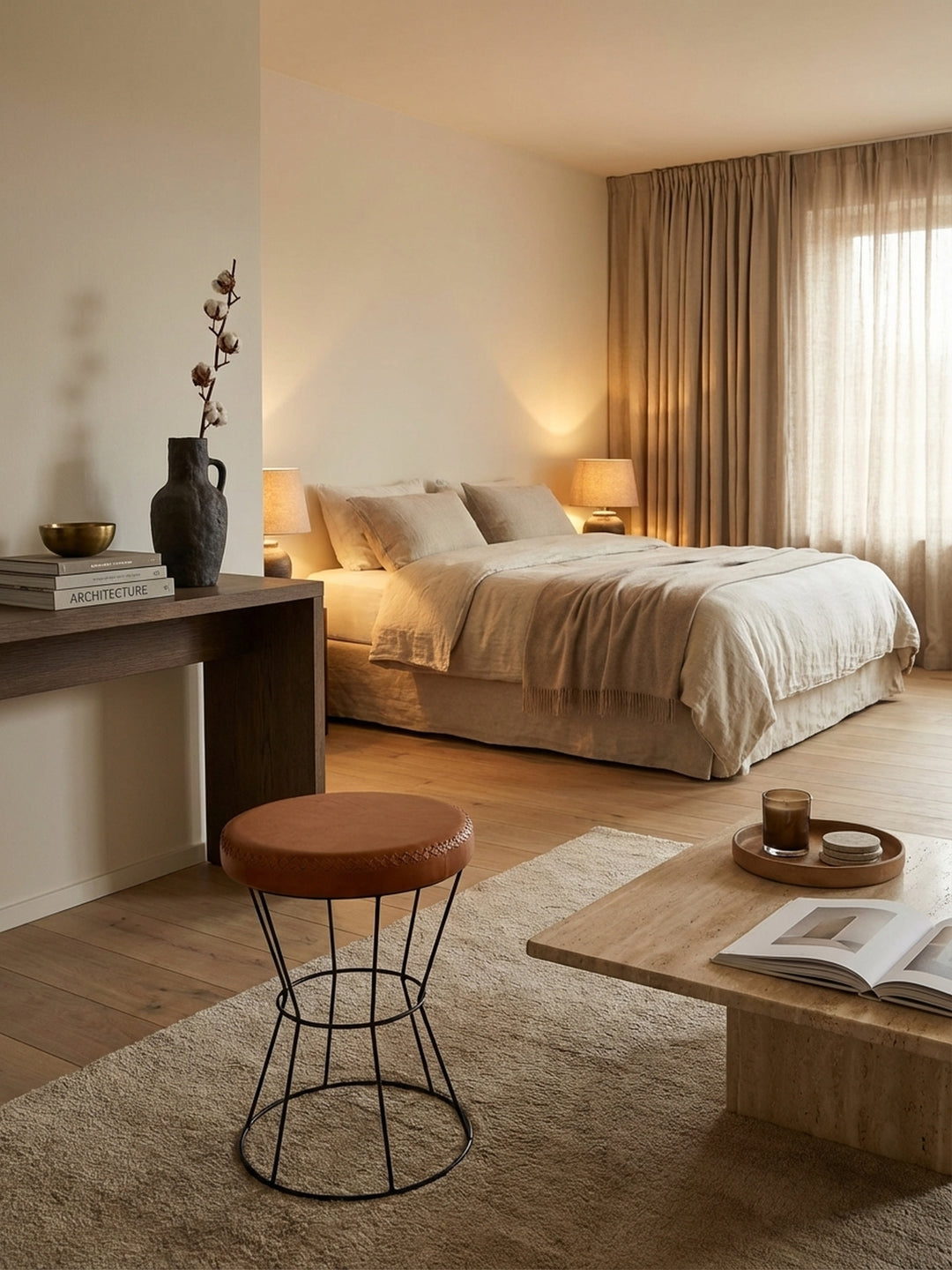 Eleganter Sitzhocker aus cognacbraunem Echtleder im Wohnzimmer, platziert auf einem Wollteppich neben einem modernen Sofa, schafft eine warme und einladende Atmosphäre._