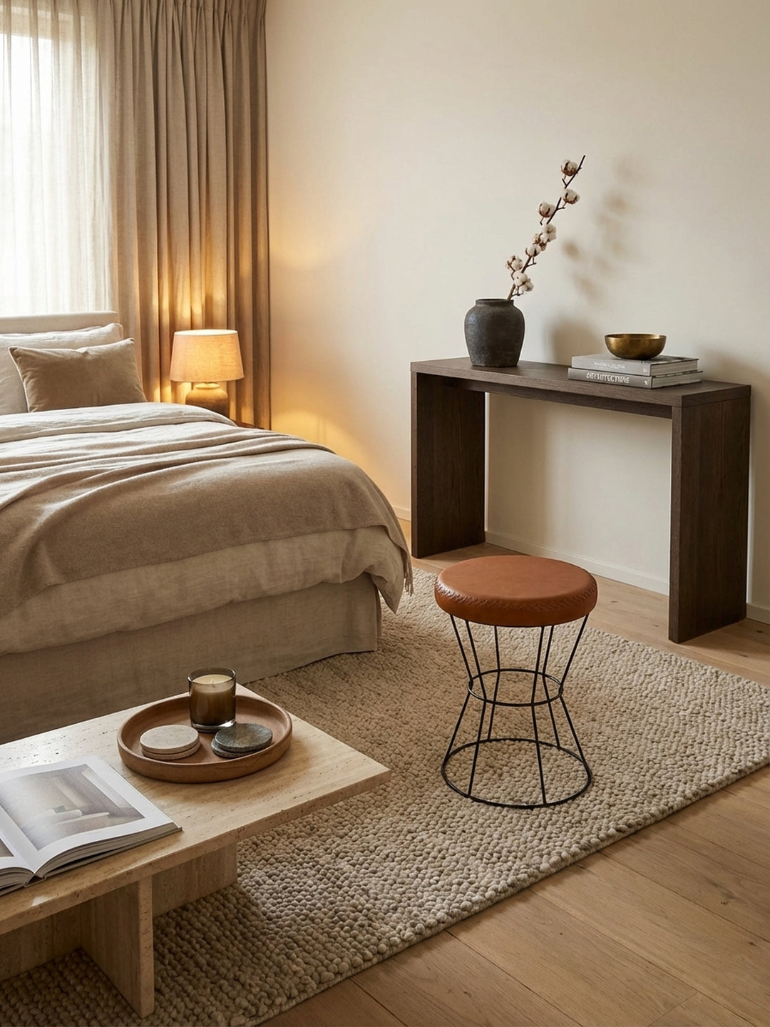 Design Hocker mit Metallgestell aus der Vogelperspektive im Raumkonzept, zeigt die runde Form und die Proportionen von 35x48 cm neben einem grauen Sofa auf Holzboden._