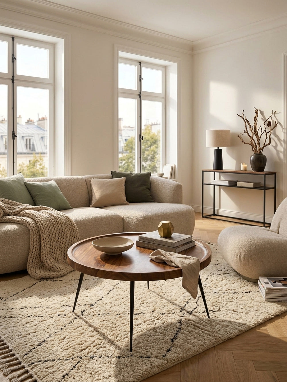 Massiver Sheesham Couchtisch rund in einem eleganten Wohnzimmer. Der 75x39cm große Holztisch im Retro-Stil besticht durch warme Holzmaserung vor einem hellen Teppich und hellem Sofa._