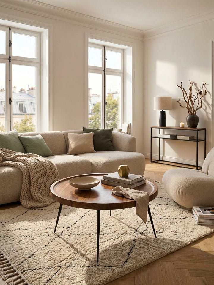 Massiver Sheesham Couchtisch rund in einem eleganten Wohnzimmer. Der 75x39cm große Holztisch im Retro-Stil besticht durch warme Holzmaserung vor einem hellen Teppich und hellem Sofa._