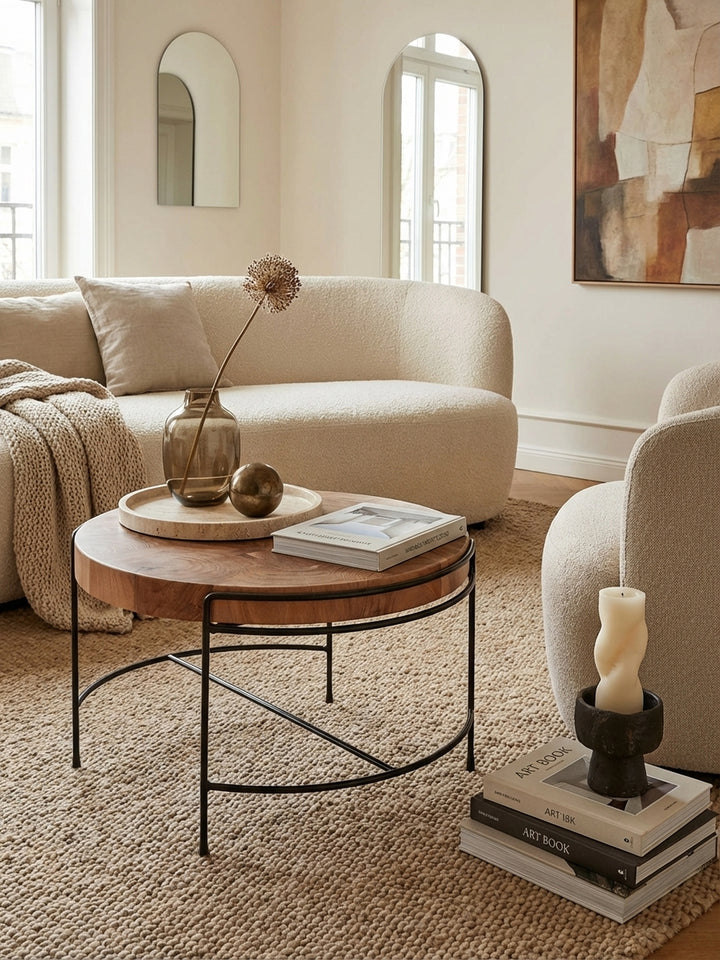 Runder Designer Sofatisch mit 62 cm Durchmesser von oben gesehen, zentral platziert auf einem Sandfarbenen Teppich vor einer modernen Couch im Wohnzimmer._