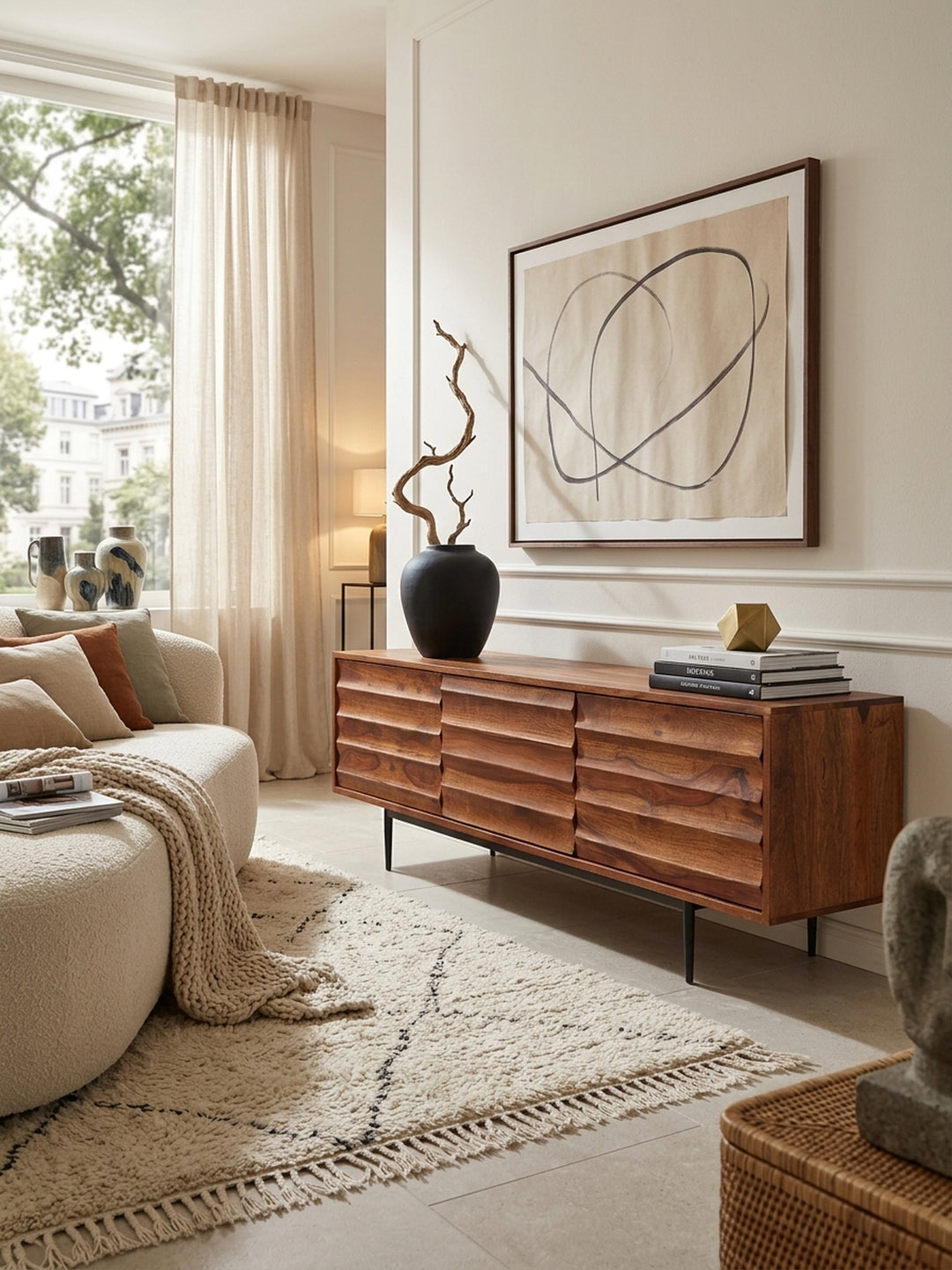 Elegantes Wohnzimmer mit einem 147cm breiten TV Lowboard aus Sheesham Massivholz. Das organische Design mit 3D-Wellenfront und schwarzen Metallbeinen setzt luxuriöse Akzente._
