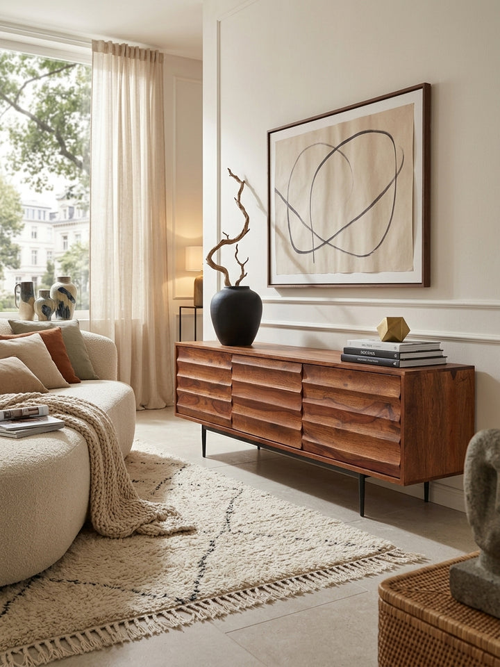 Elegantes Wohnzimmer mit einem 147cm breiten TV Lowboard aus Sheesham Massivholz. Das organische Design mit 3D-Wellenfront und schwarzen Metallbeinen setzt luxuriöse Akzente._