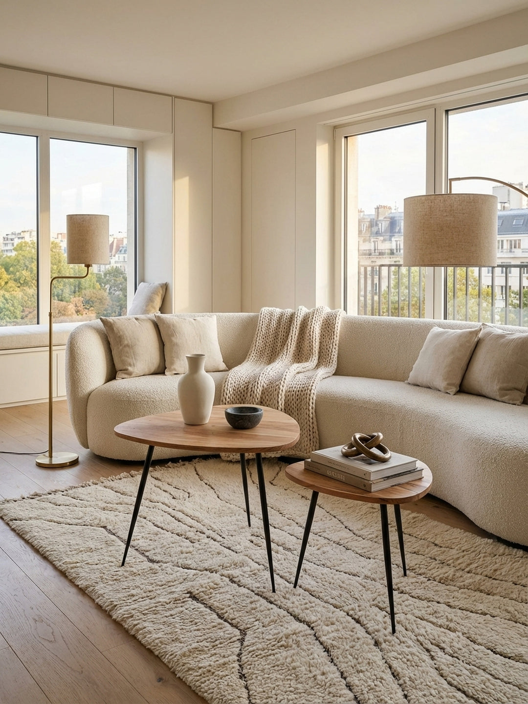 Zwei Satztische aus Akazie Massivholz in einem stilvollen Wohnzimmer, die organische Form der Holztische harmoniert mit dem weichen Teppich und dem modernen Sofa im Hintergrund._