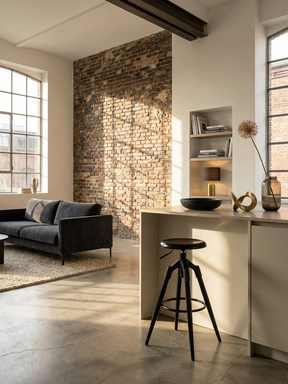 Draufsicht auf den Barbereich, die die Platzierung der schwarzen Metall-Barhocker zeigt und ihre Standfläche von 53x53 cm sowie das industrielle Design hervorhebt._