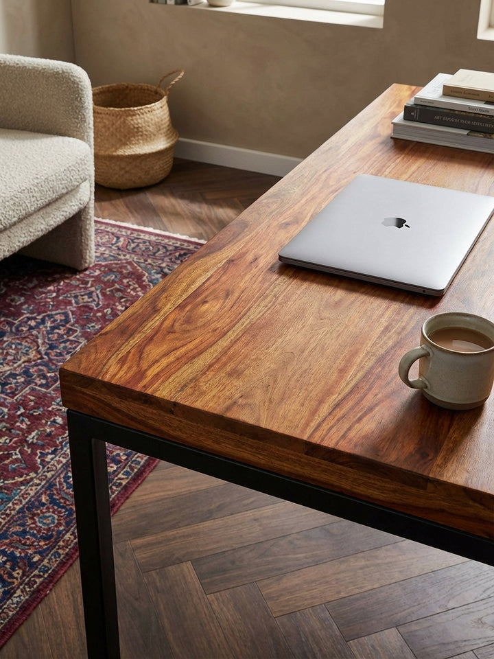 Schreibtisch Sheesham Massivholz natur Nahaufnahme ausdrucksstarke Sheesham-Maserung mit dunklen Kontrastlinien und warmem Holzton Qualität Möbel Home Office Wohnen Einrichtung Interior_