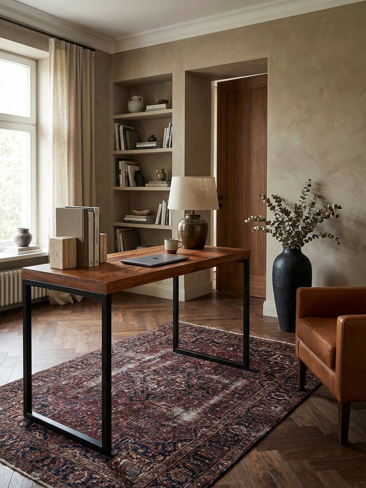 Schreibtisch Sheesham Massivholz natur 117x59x77 cm in warmem modernem Home Office Einrichtung Design Möbel hochwertig modern stilvoll einrichten Wohnen Interior Zuhause Wohnzimmer elegant_