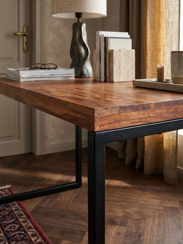 Schreibtisch Sheesham Massivholz natur Nahaufnahme ausdrucksstarke Sheesham-Maserung mit dunklen Kontrastlinien und warmem Holzton Qualität Möbel Home Office Wohnen Einrichtung Interior_