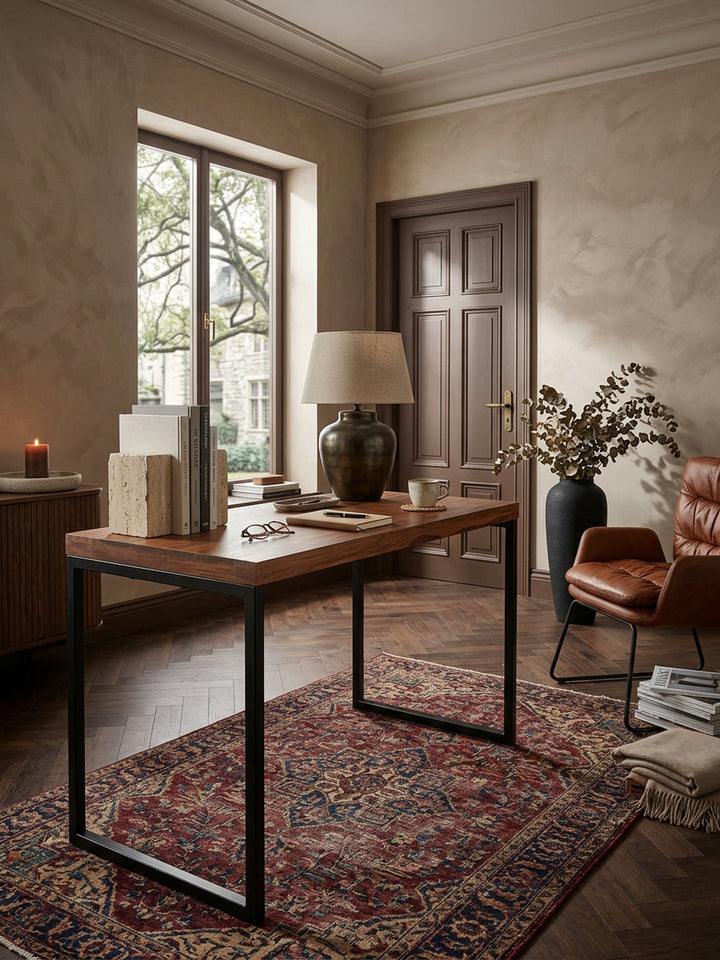Schreibtisch Sheesham Massivholz natur 117x59x77 cm Wohnidee Home Office Einrichtungsidee stilvoll kombinieren Design Möbel Inspiration Wohnen Interior Zuhause Wohnzimmer modern hochwertig_