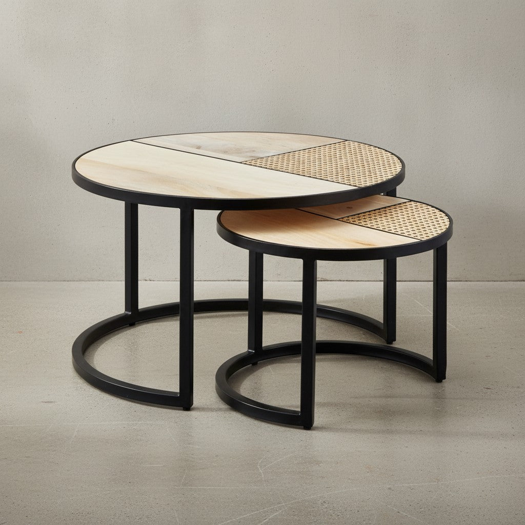 Industrie-Stil Beistelltisch Set_ Rattan und Holz_ Handgefertigt - KADIMA DESIGN_Größe_ 60x60x37 cm_