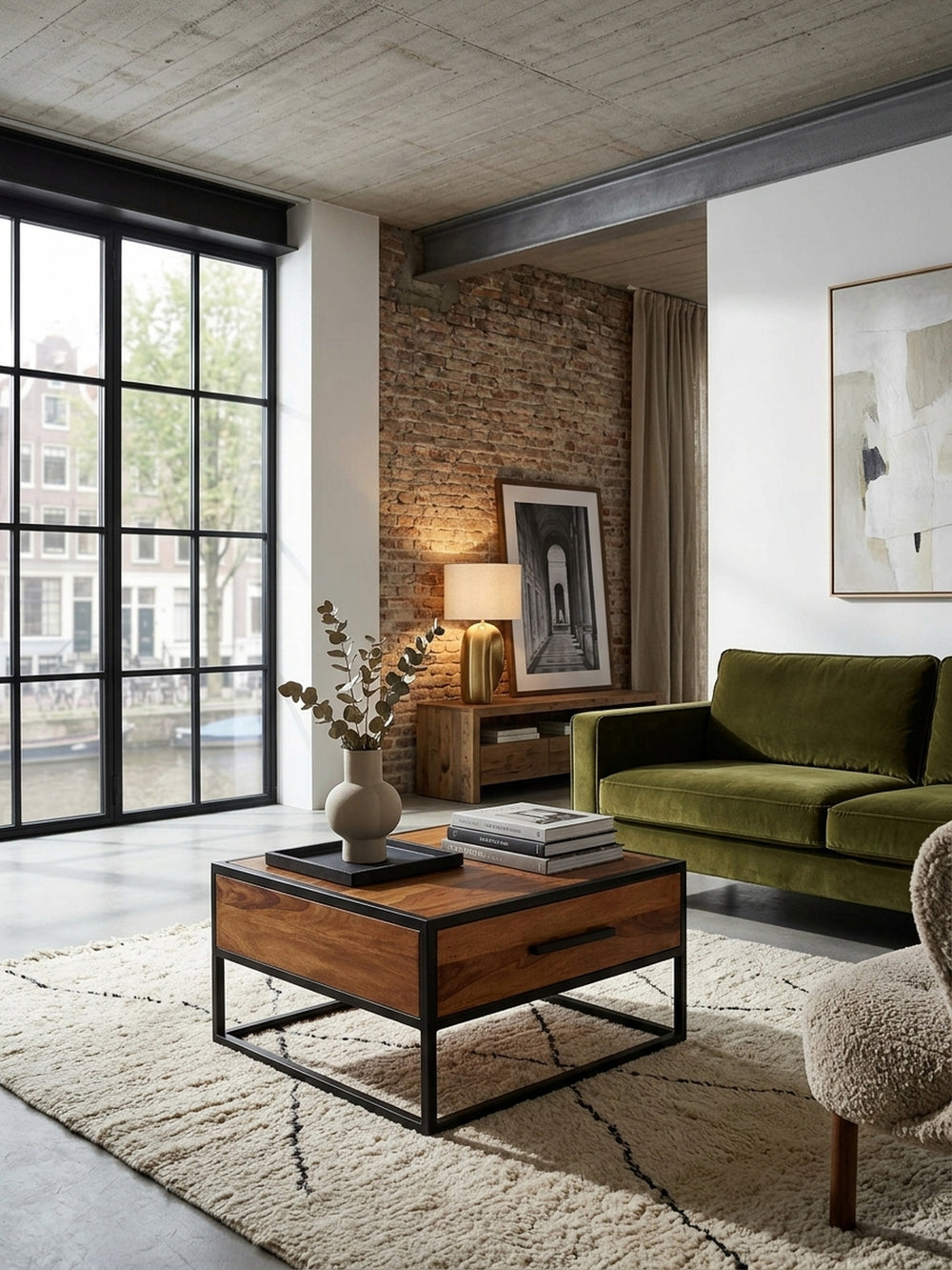 Quadratischer Couchtisch aus massivem Sheeshamholz im luxuriösen Loft-Wohnzimmer. Das warme braune Holz und das schwarze Metallgestell im Industrial Design harmonieren perfekt._